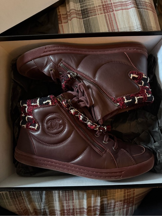 CHANEL Shoes - CHANEL Burgundy Quilted Tweed-Trim High Top Sneakers